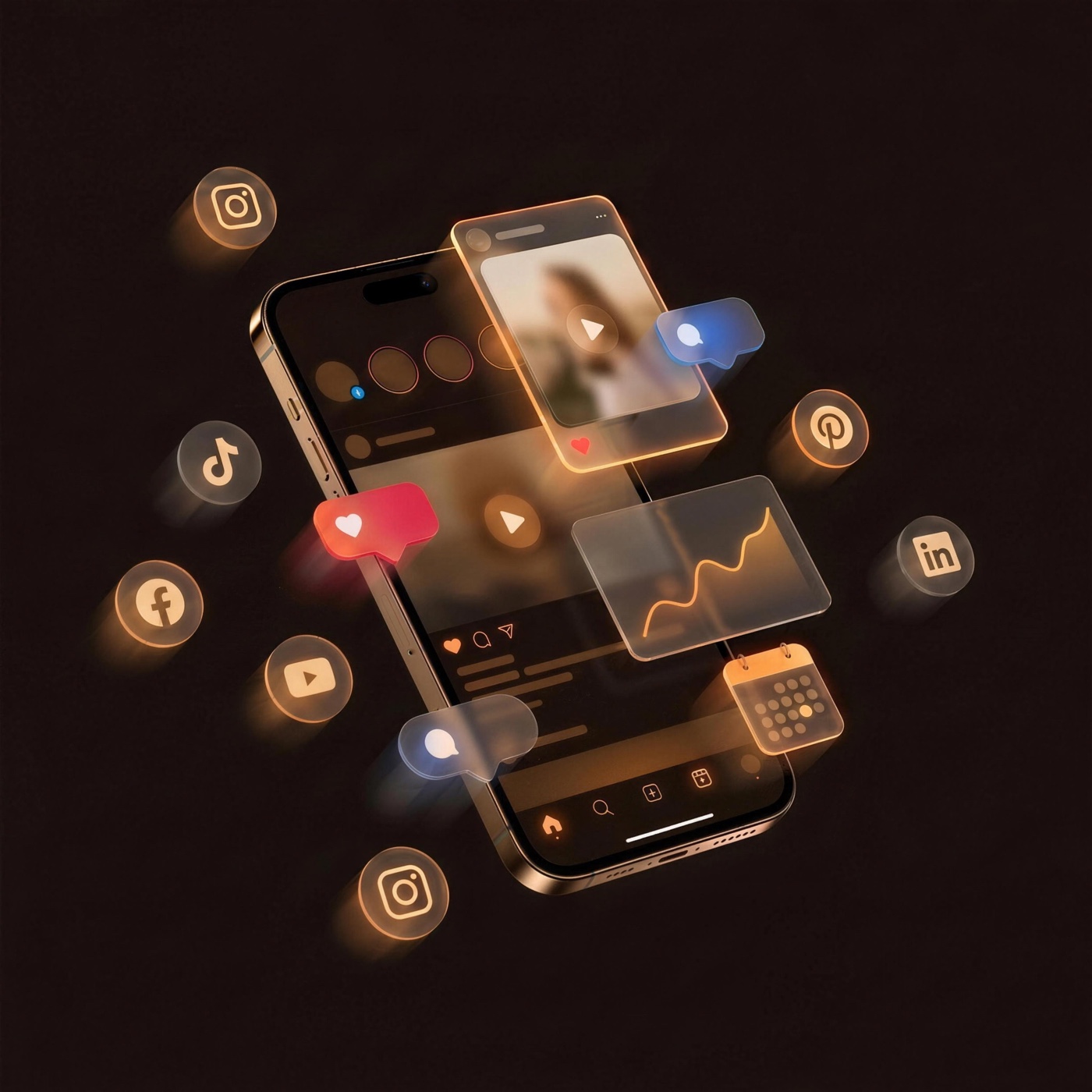 Social Media Management: Smartphone mit Beiträgen, Reels und Plattform-Icons: Instagram, Facebook, TikTok und mehr